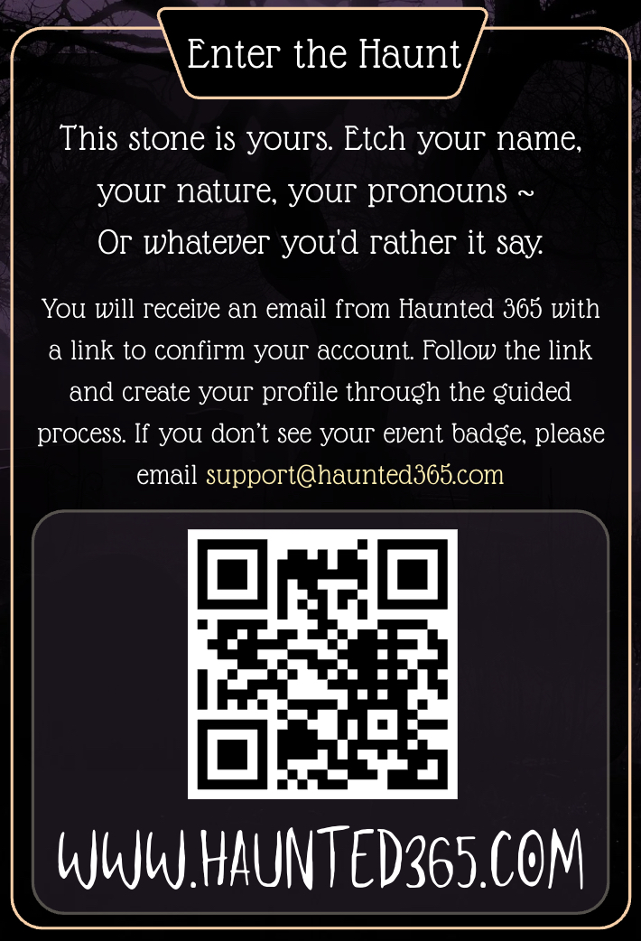 The back of a blank stone: Enter the Haunt, an invitation to etch your own, and a QR code to haunted365.com.