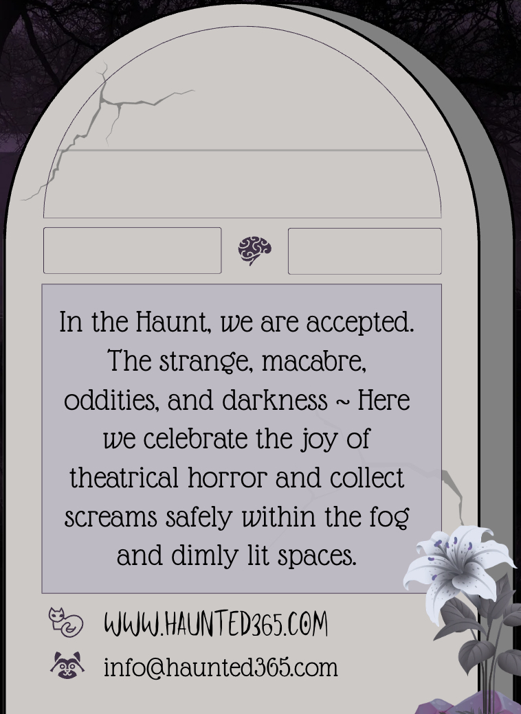 The front of a blank stone: an empty gravestone with spaces for a name, a tagline, a Nature and Type, and pronouns, above the Haunt's welcome.