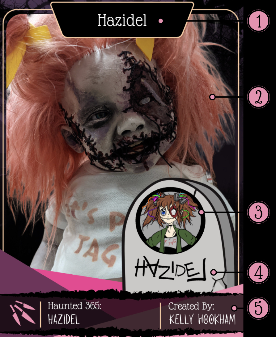 The front of Hazidel's character card, numbered 1 to 5: her name banner, a photo of the character, her avatar on a small gravestone, her name in her own hand, and a footer with the origin icon, her Haunted 365 name and who created her.